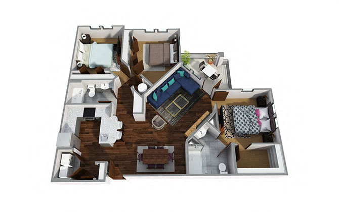 Floor plan for 3 beds, 2 baths, 1370 sqft