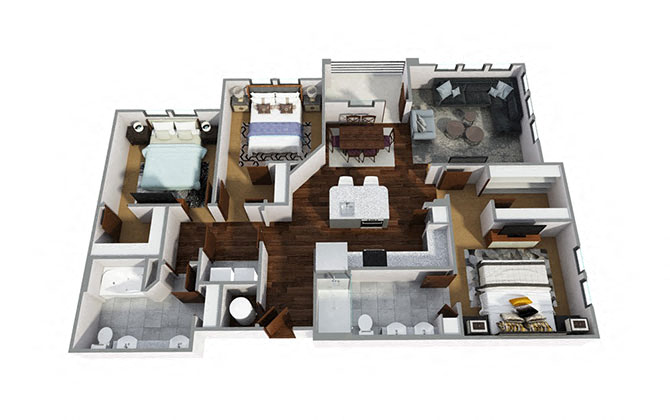 Floor plan for 3 beds, 2 baths, 1417 sqft