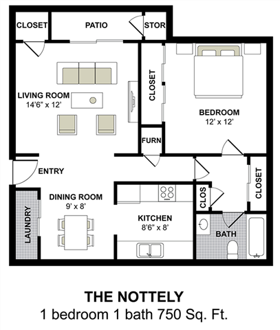 Floor plan for 1 bed, 1 bath, 750 sqft