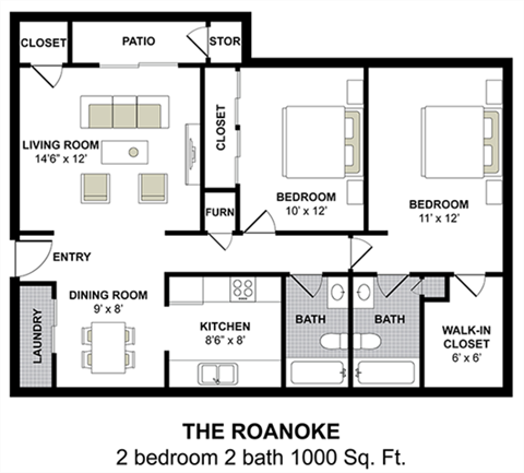 Floor plan for 2 beds, 2 baths, 1000 sqft