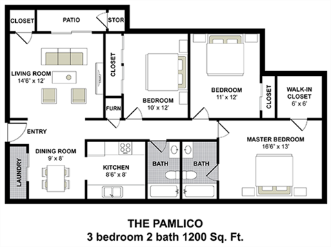 Floor plan for 3 beds, 2 baths, 1200 sqft