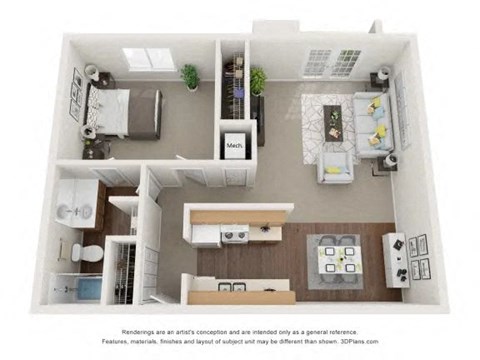Floor plan for 1 bed, 1 bath, 850 sqft