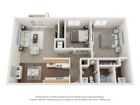 Floor plan for 2 beds, 1.5 baths, 977 sqft