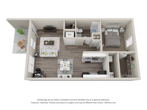 Floor plan for 1 bed, 1 bath, 765 sqft