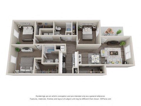 Floor plan for 3 beds, 2 baths, 1173 sqft