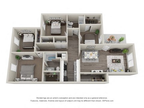 Floor plan for 4 beds, 2 baths, 1345 sqft