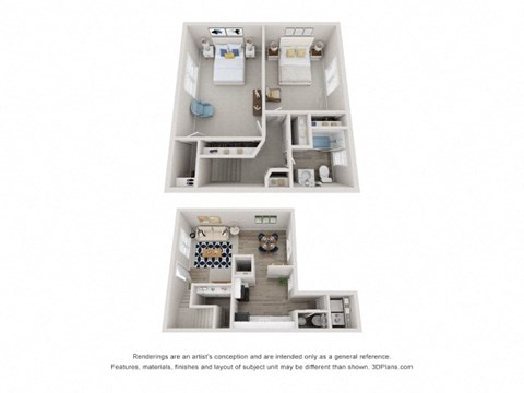 Floor plan for 2 beds, 1.5 baths, 1000 sqft