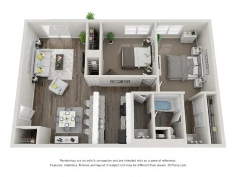Floor plan for 2 beds, 1 bath, 852 sqft