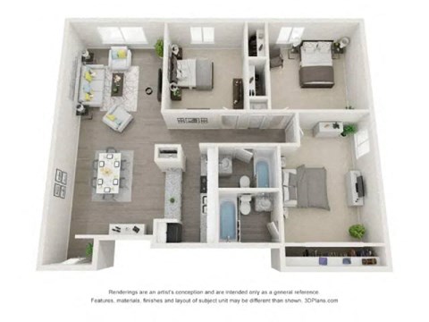 Floor plan for 3 beds, 2 baths, 1000 sqft