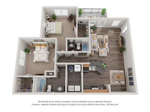 Floor plan for 2 beds, 2 baths, 1113 sqft
