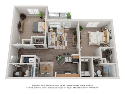 Floor plan for 2 beds, 2 baths, 1137 sqft