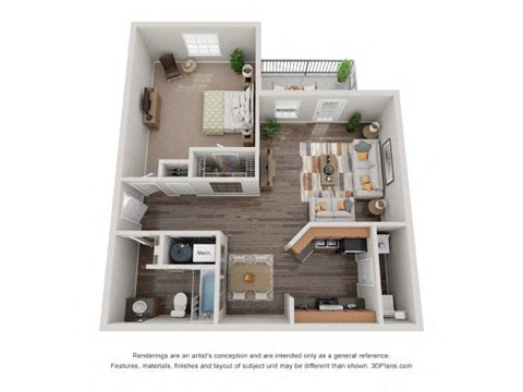 Floor plan for 1 bed, 1 bath, 822 sqft