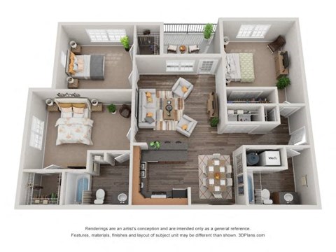 Floor plan for 3 beds, 2 baths, 1334 sqft