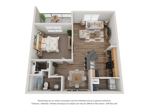 Floor plan for 1 bed, 1 bath, 753 sqft