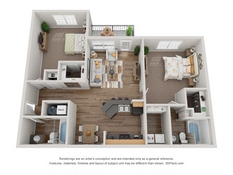 Floor plan for 2 beds, 2 baths, 1137 sqft