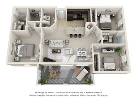 Floor plan for 3 beds, 2 baths, 1379 sqft