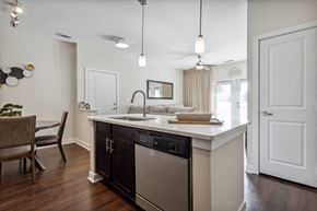 Suffolk apartment for rent - A modern kitchen with a black dishwasher and a wooden floor.at Century Hampton Roads, Virginia, 23435