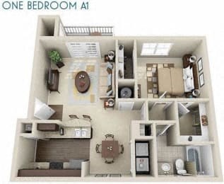 Floor plan for 1 bed, 1 bath, 734 sqft