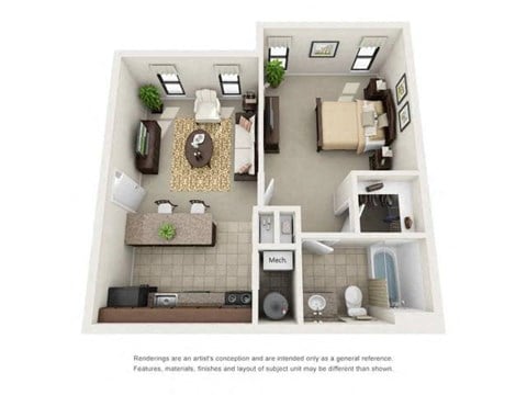 Floor plan for 1 bed, 1 bath, 581 sqft