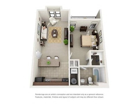 Floor plan for 1 bed, 1 bath, 640 sqft