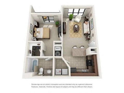 Floor plan for 1 bed, 1 bath, 668 sqft