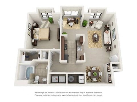 Floor plan for 1 bed, 1 bath, 861 sqft