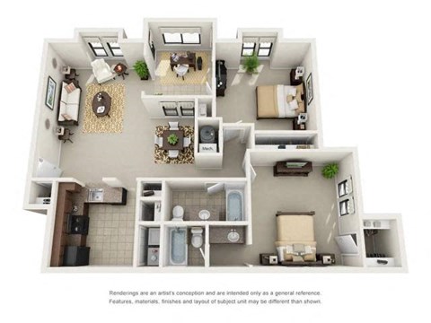 Floor plan for 2 beds, 2 baths, 1286 sqft