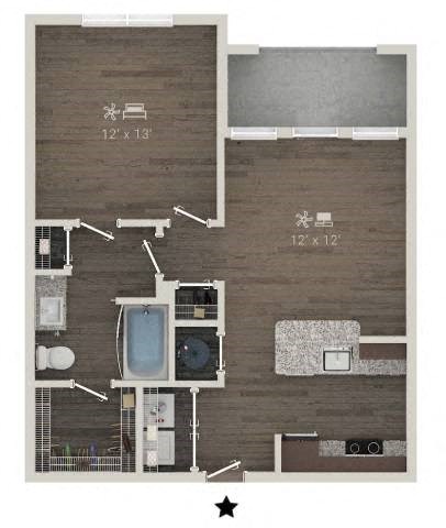 Floor plan for 1 bed, 1 bath, 684 sqft