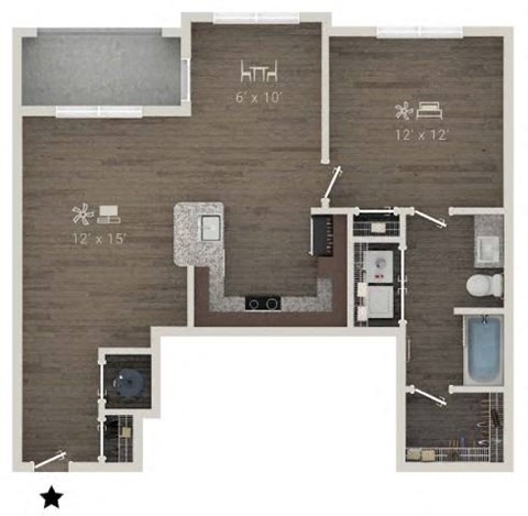 Floor plan for 1 bed, 1 bath, 852 sqft