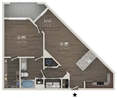 Floor plan for 1 bed, 1 bath, 815 sqft