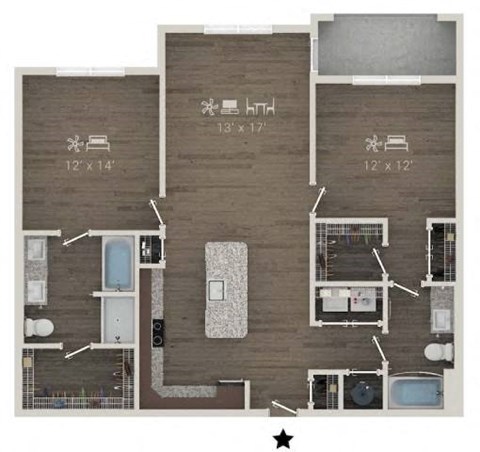 Floor plan for 2 beds, 2 baths, 1246 sqft