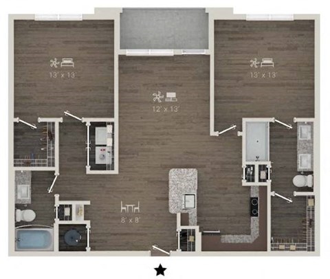 Floor plan for 2 beds, 2 baths, 1149 sqft