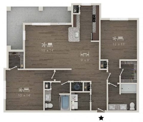 Floor plan for 2 beds, 2 baths, 1294 sqft