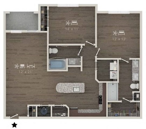 Floor plan for 2 beds, 2 baths, 1181 sqft