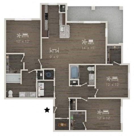 Floor plan for 3 beds, 2 baths, 1535 sqft