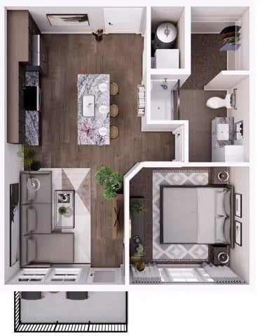 Floor plan for 1 bed, 1 bath, 614 sqft