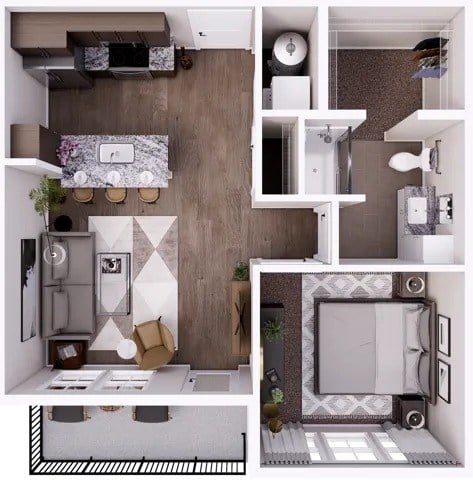 Floor plan for 1 bed, 1 bath, 637 sqft