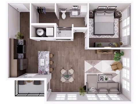 Floor plan for 1 bed, 1 bath, 809 sqft