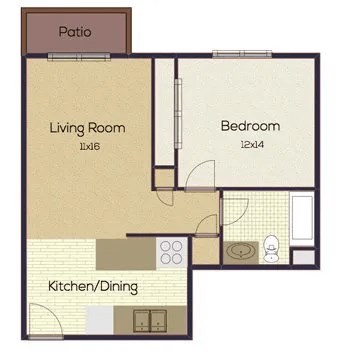 Floor plan for 1 bed, 1 bath, 640 sqft