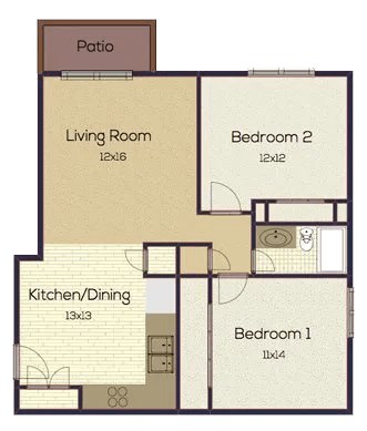Floor plan for 2 beds, 1 bath, 720 sqft