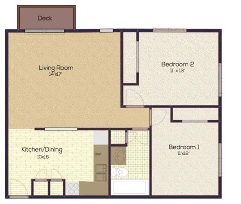 Floor plan for 2 beds, 1 bath, 780 sqft