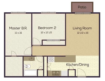 Floor plan for 2 beds, 1 bath, 780 sqft