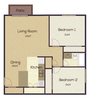 Floor plan for 2 beds, 1 bath, 850 sqft