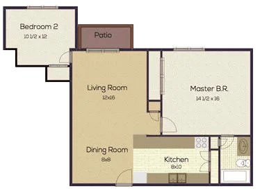 Floor plan for 2 beds, 1 bath, 850 sqft