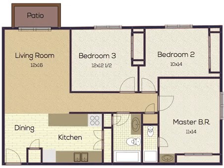 Floor plan for 3 beds, 2 baths, 940 sqft