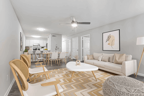 Newnan apartment for rent - A living room with a white couch, a wooden chair, and a rug.
