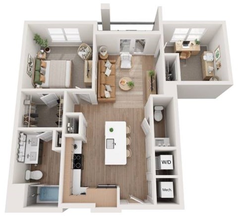 Floor plan for 1 bed, 1 bath, 869 sqft