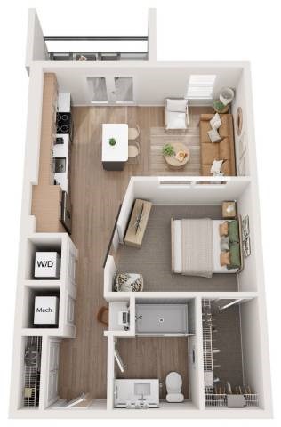 Floor plan for studio, 1 bath, 672 sqft