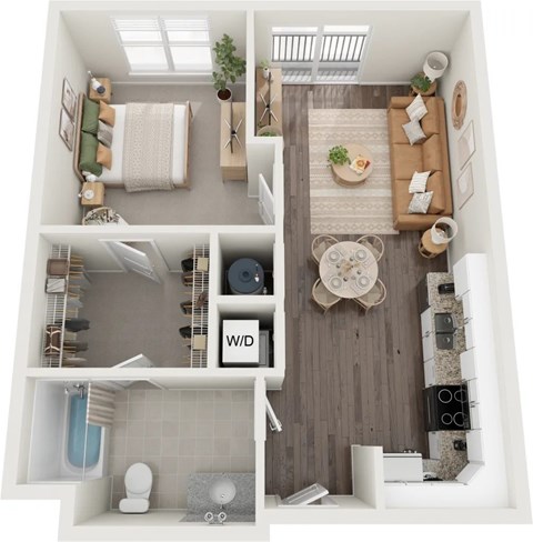 Floor plan for 1 bed, 1 bath, 585 sqft