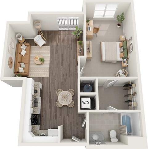 Floor plan for 1 bed, 1 bath, 799 sqft
